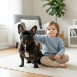A French Bulldog sitting calmly beside a child at home