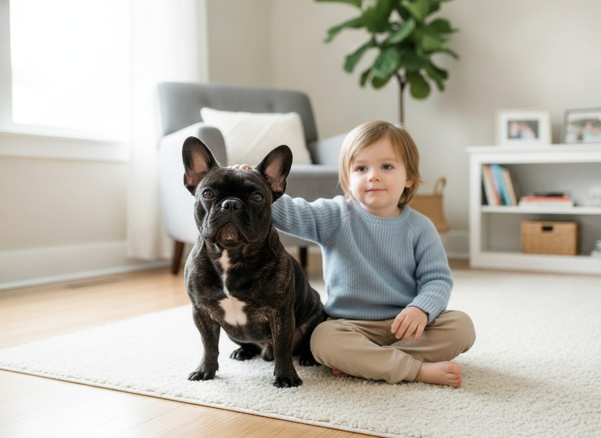 A French Bulldog sitting calmly beside a child at home