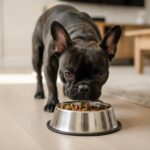 French Bulldog Nina sniffing a bowl of food, considering it