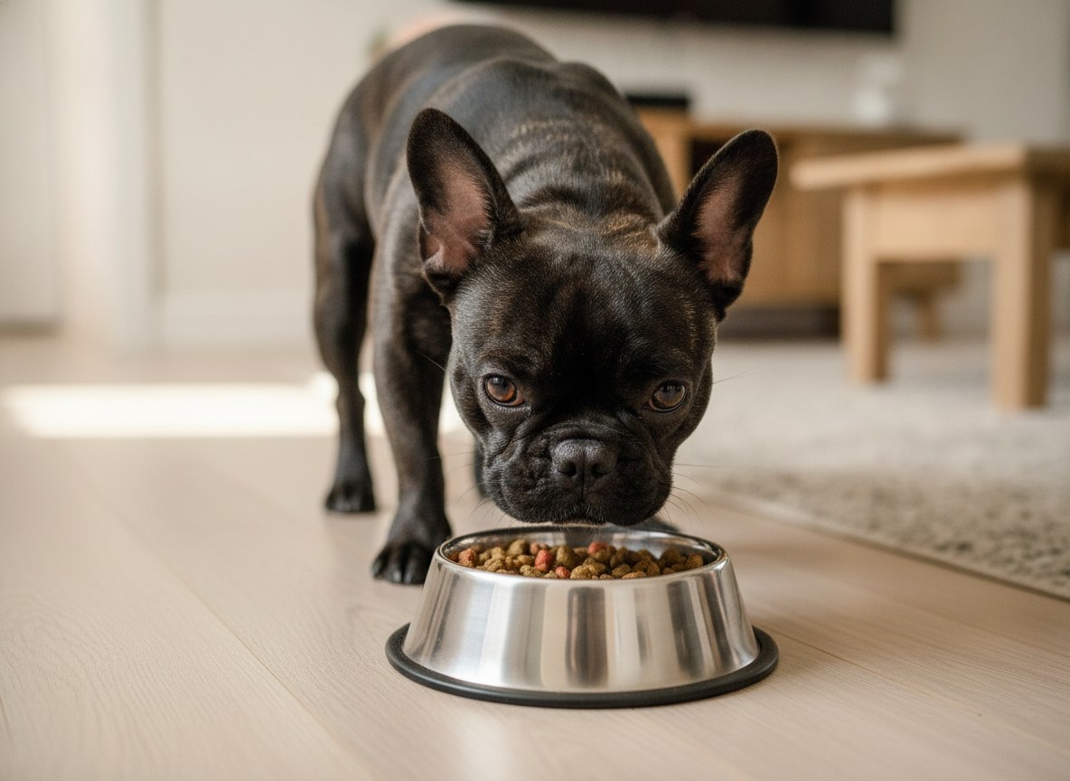 French Bulldog Nina sniffing a bowl of food, considering it