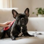 A French Bulldog being brushed at home