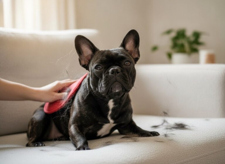A French Bulldog being brushed at home