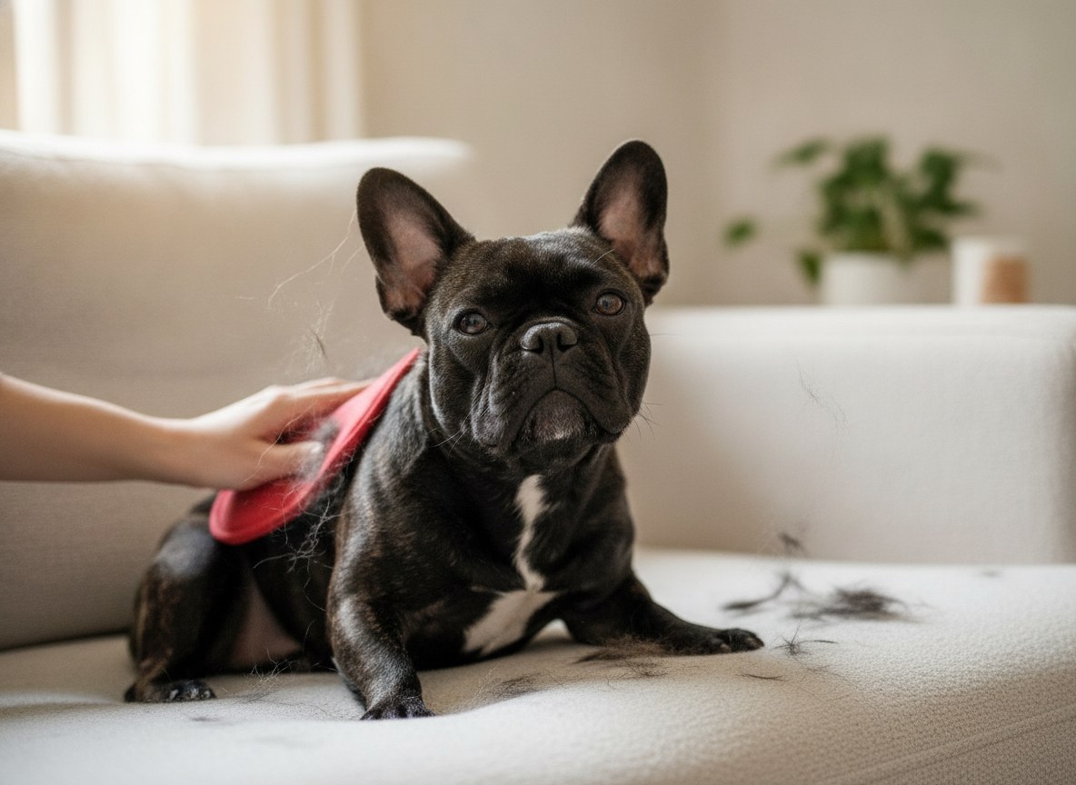 A French Bulldog being brushed at home