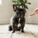 A fluffy long-haired French Bulldog being groomed