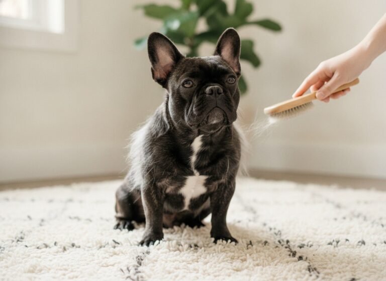 A fluffy long-haired French Bulldog being groomed