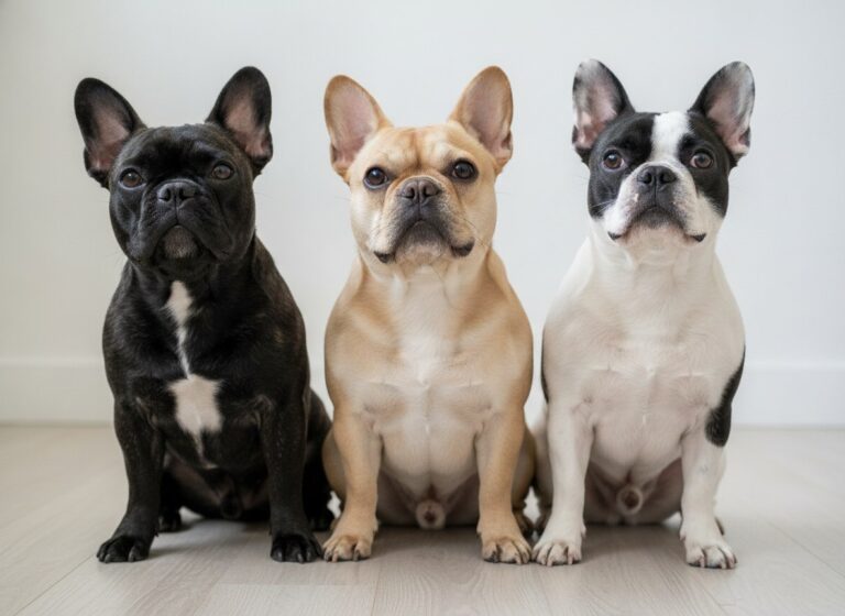 Three French Bulldogs in different coat colors