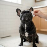 A French Bulldog having its ear gently cleaned