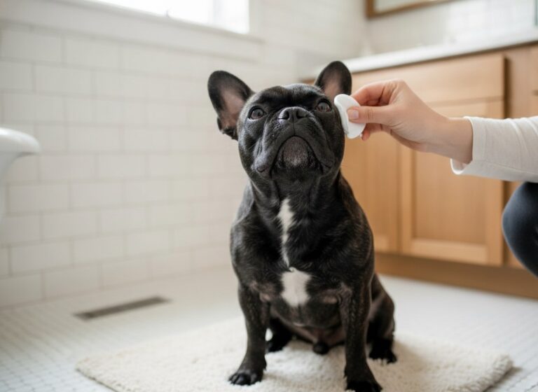A French Bulldog having its ear gently cleaned
