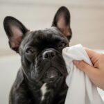 A French Bulldog's under-eye area being gently wiped