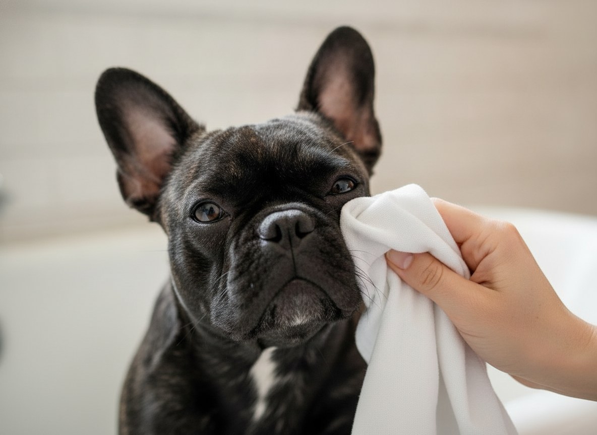 A French Bulldog's under-eye area being gently wiped