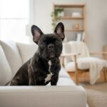 A French Bulldog sitting in a bright, clean living room