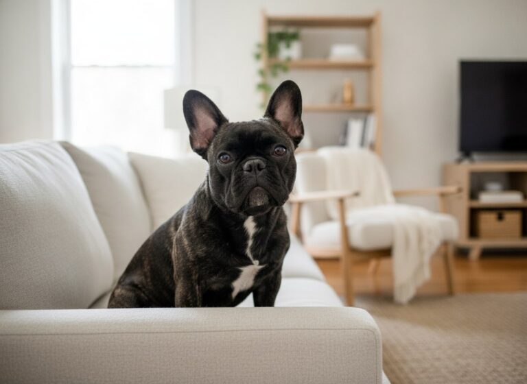 A French Bulldog sitting in a bright, clean living room