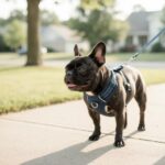 A French Bulldog walking on a leash and harness