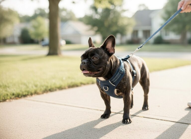 A French Bulldog walking on a leash and harness