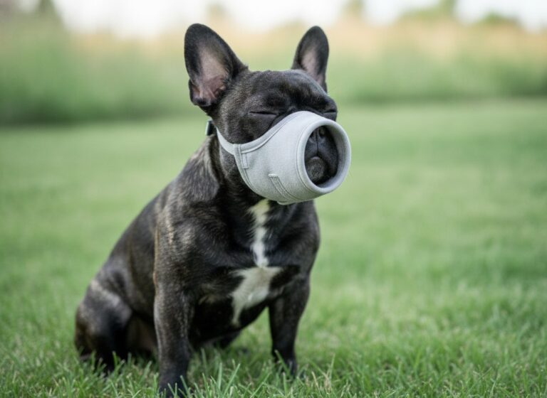 A French Bulldog in a soft breathable muzzle