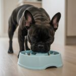 A French Bulldog eating from a slow feeder bowl