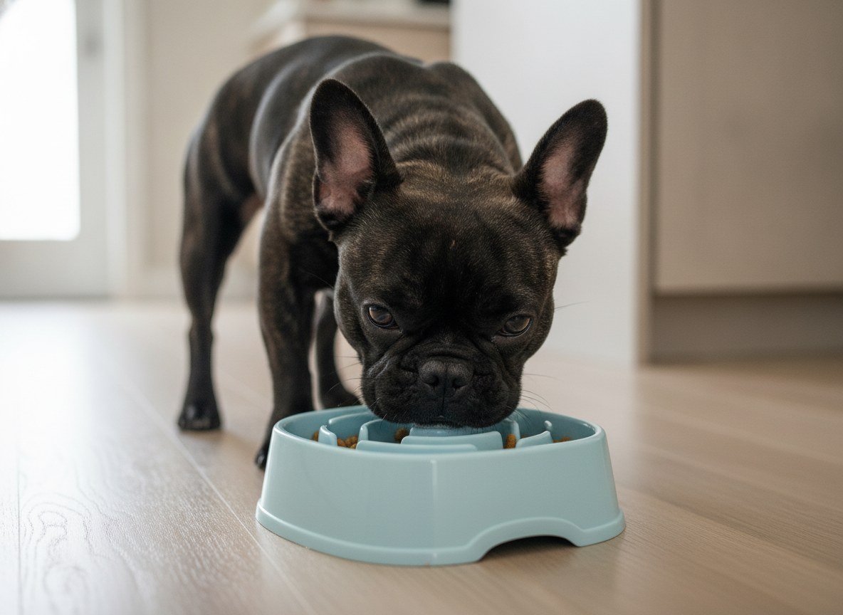 A French Bulldog eating from a slow feeder bowl