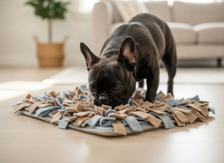 A French Bulldog foraging in a snuffle mat