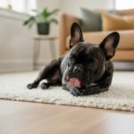 French Bulldog Nina lying down and licking a front paw