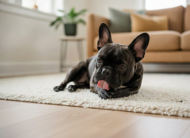 French Bulldog Nina lying down and licking a front paw