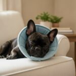A French Bulldog resting in a soft recovery cone
