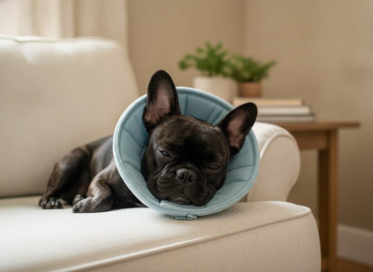 A French Bulldog resting in a soft recovery cone