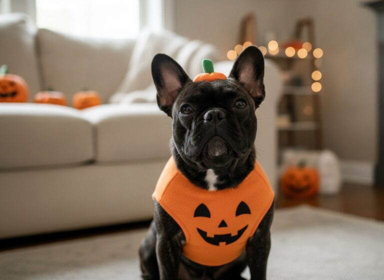 A French Bulldog in a cute costume