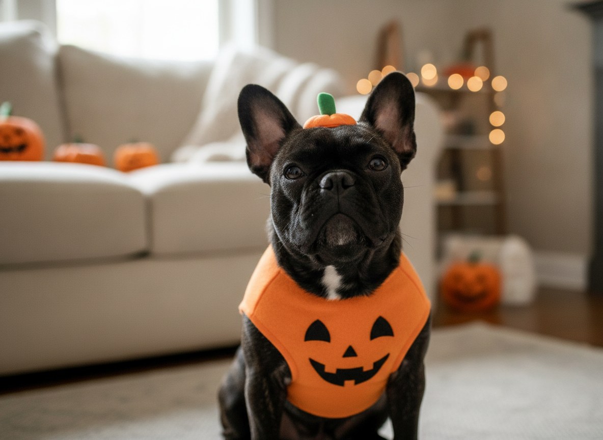 A French Bulldog in a cute costume