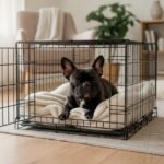 A French Bulldog relaxing in its crate