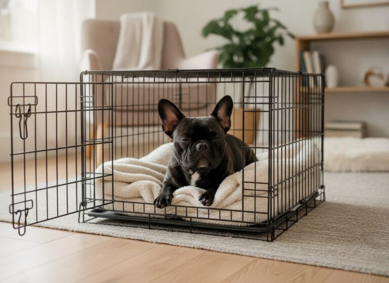 A French Bulldog relaxing in its crate