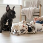 A litter of French Bulldog puppies being observed