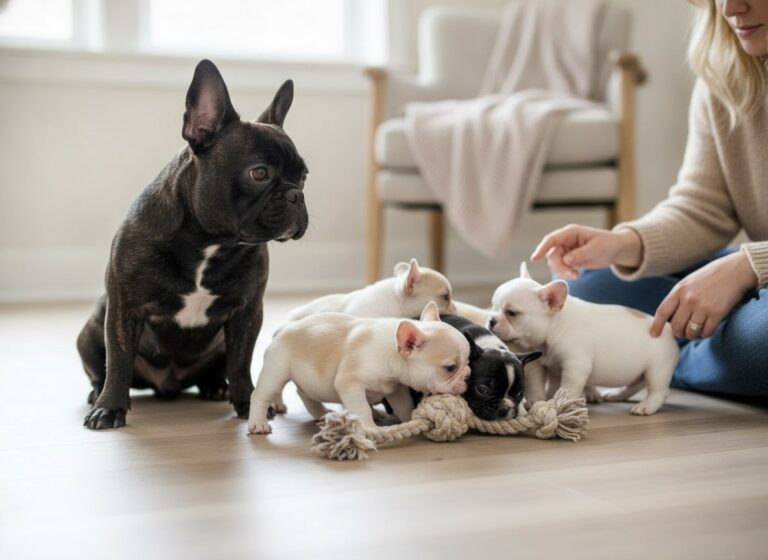 A litter of French Bulldog puppies being observed