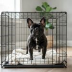 A French Bulldog standing in a correctly sized crate