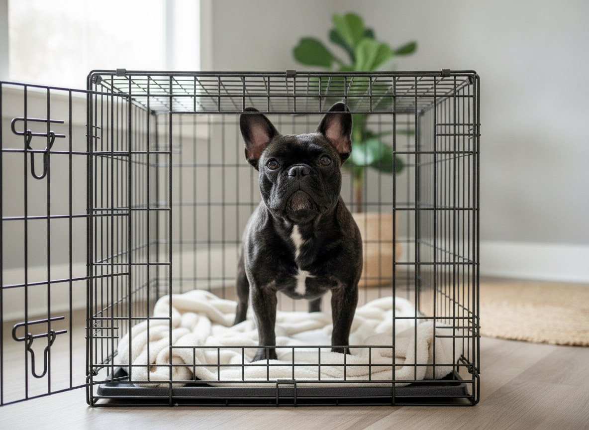 A French Bulldog standing in a correctly sized crate