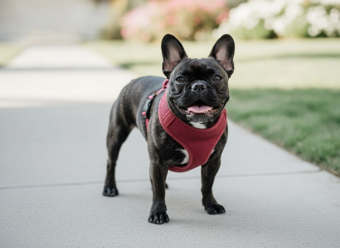 A French Bulldog in a well-fitted harness