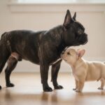 A grown French Bulldog beside a puppy showing growth