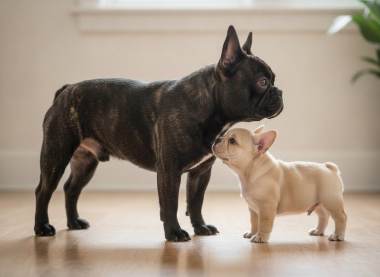 A grown French Bulldog beside a puppy showing growth