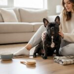 French Bulldog Nina sitting at home surrounded by everyday care items
