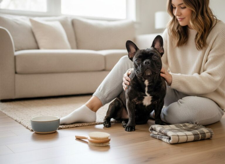 French Bulldog Nina sitting at home surrounded by everyday care items