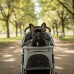 French Bulldog Nina sitting in a pet stroller on a sunny park path
