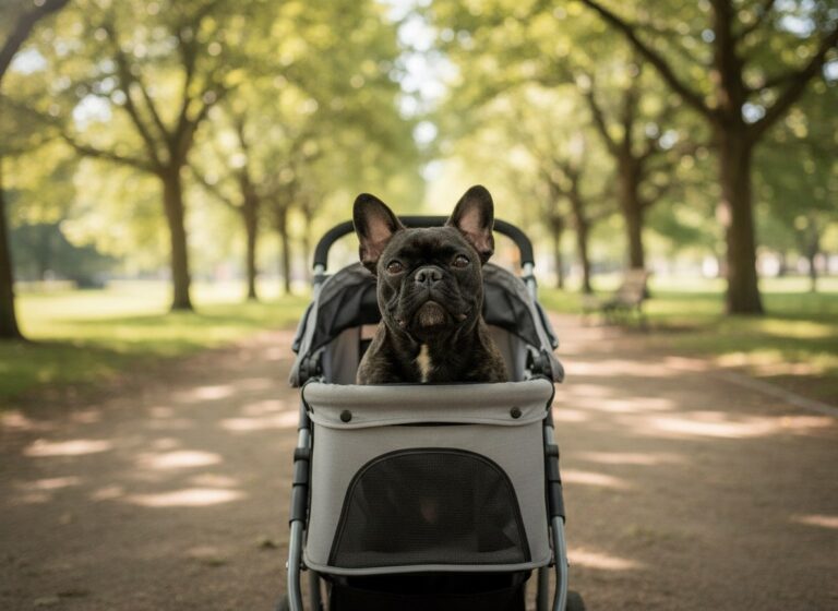 French Bulldog Nina sitting in a pet stroller on a sunny park path