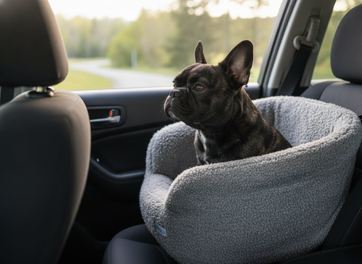 French Bulldog Nina in a booster car seat looking out the window