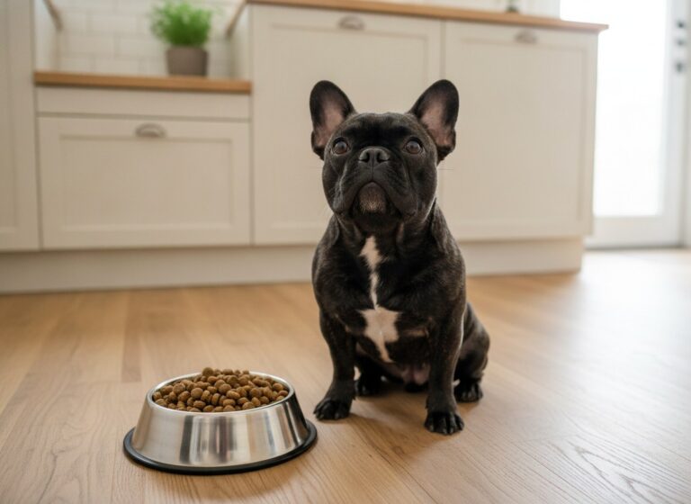 French Bulldog Nina sitting next to a food bowl in a bright kitchen