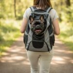 French Bulldog Nina riding in a carrier backpack outdoors
