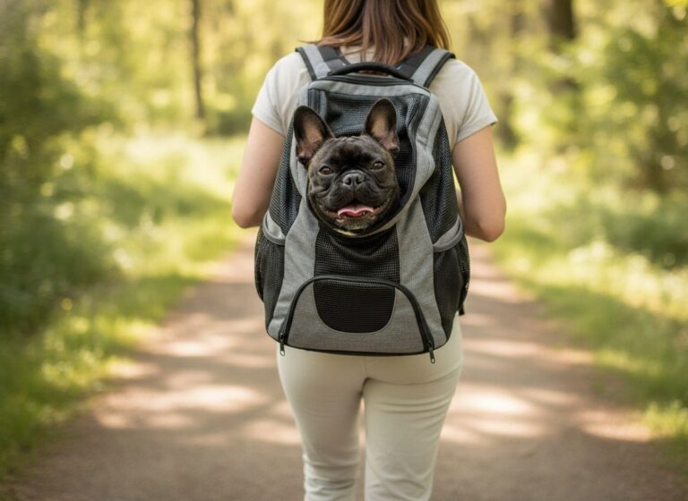 French Bulldog Nina riding in a carrier backpack outdoors