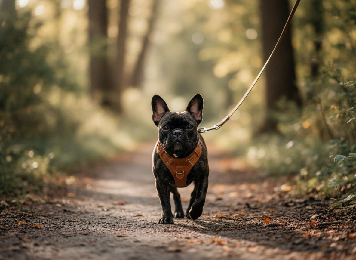 French Bulldog Nina on a relaxed walk along a shaded path
