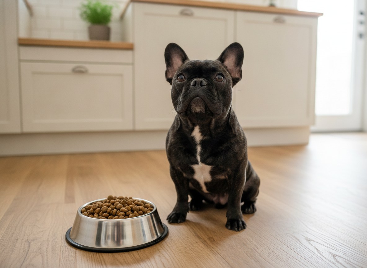 French Bulldog Nina sitting next to a food bowl in a bright kitchen