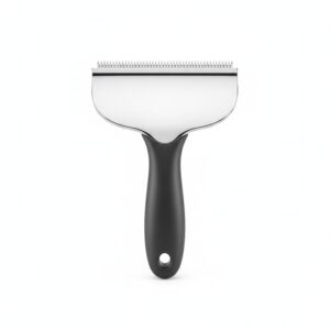 Stainless steel deshedding grooming tool with a black handle on a white background
