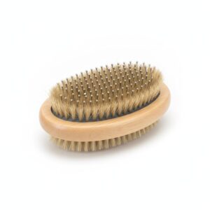 Wooden oval pin and bristle combination grooming brush on a white background