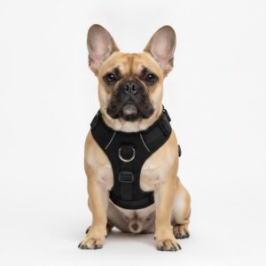 French Bulldog wearing a black no-pull harness on a white background